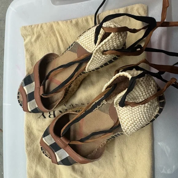 Burberry Tan and Black Plaid Wedge Sandals - Picture 2 of 7